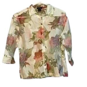 West End Sheer Floral Button Up Blouse Womens Medium